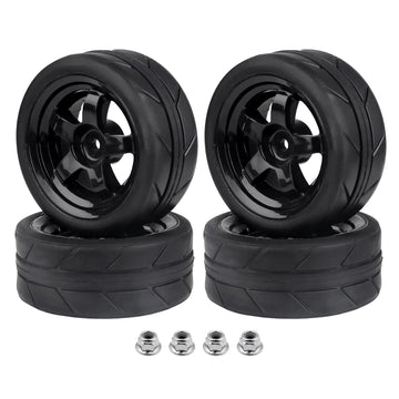Hobbyfire Pre-Glued OD 2.55'' 12mm Hex Wheels Rims and Rubber Tires for Traxxas Tamiya HPI HSP Redcat RC 1/10 On Road Racing Car