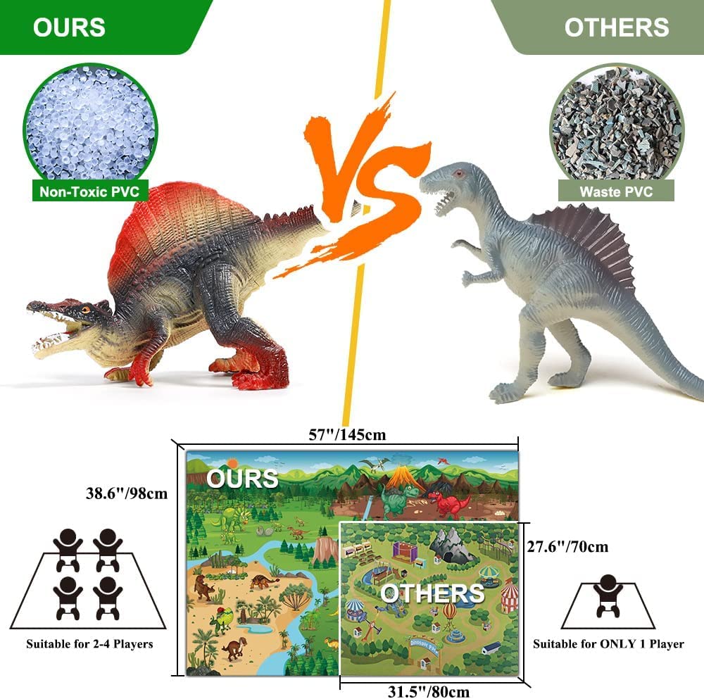 Fruse Jurassic Dinosaur Toys Figures,12 Pcs Realistic Large Dinosaur Figurines With Jumbo Play Mat & Information Dino Book,Educa