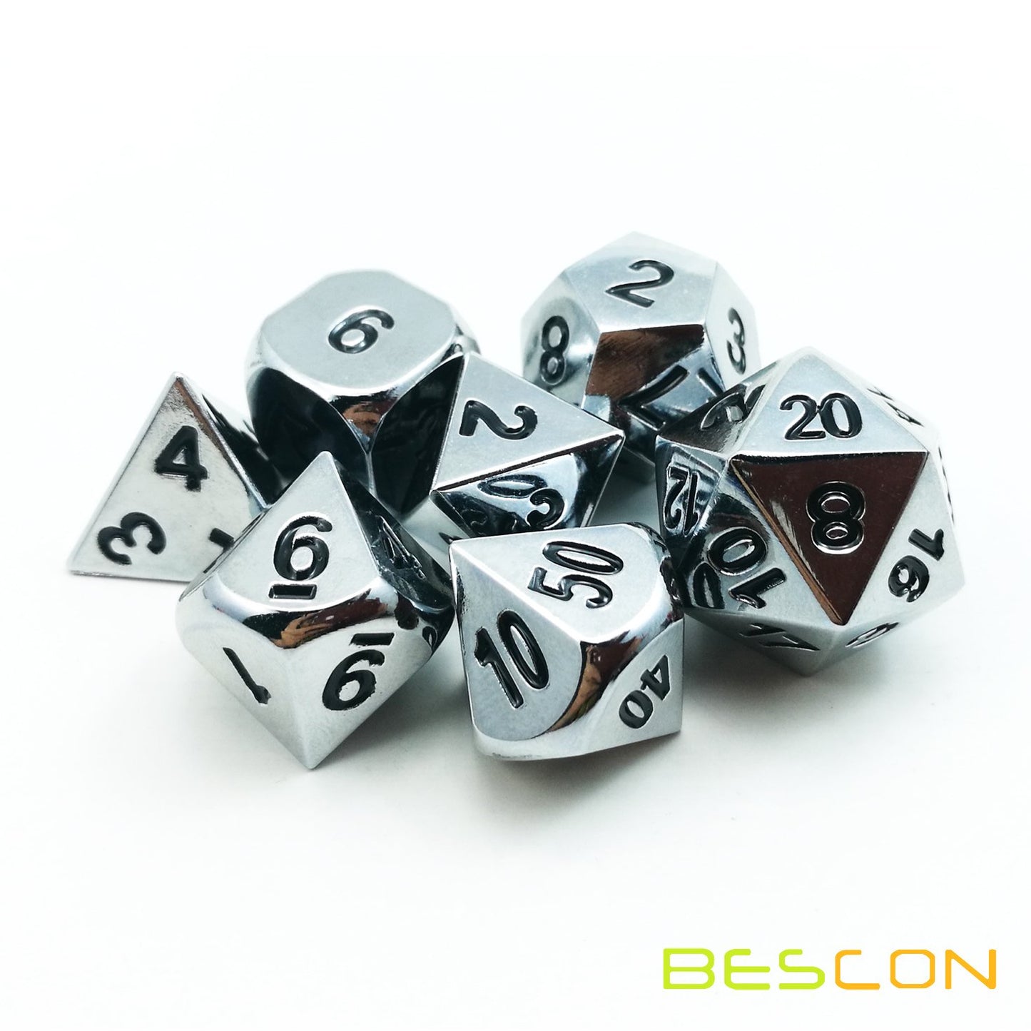 Bescon Super Shiny Gloss Silver Metal 7Pcs Polyhedral Dice Set, Chrome Metal Rpg Game Dice 7Pcs Set