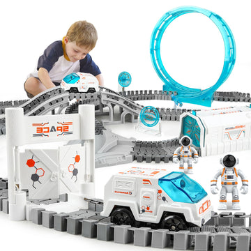 KIZJORYA Construction Race Track, Space Train Track Set, 205 PCS DIY Flexible Tracks Play Set for Boys 4-7 with Light up Space C