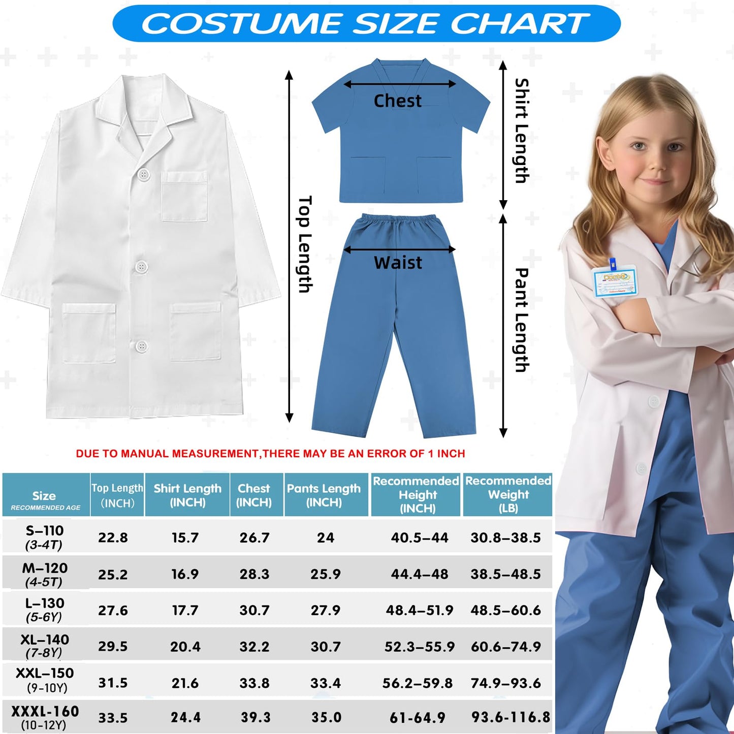 COTATERO Doctor Scrubs Costume for Kids With Stethoscope Lab Coat Career Day Costume Halloween Dress Up For Boys Girls 3-12 (Blue  XL-140/7-8Y)