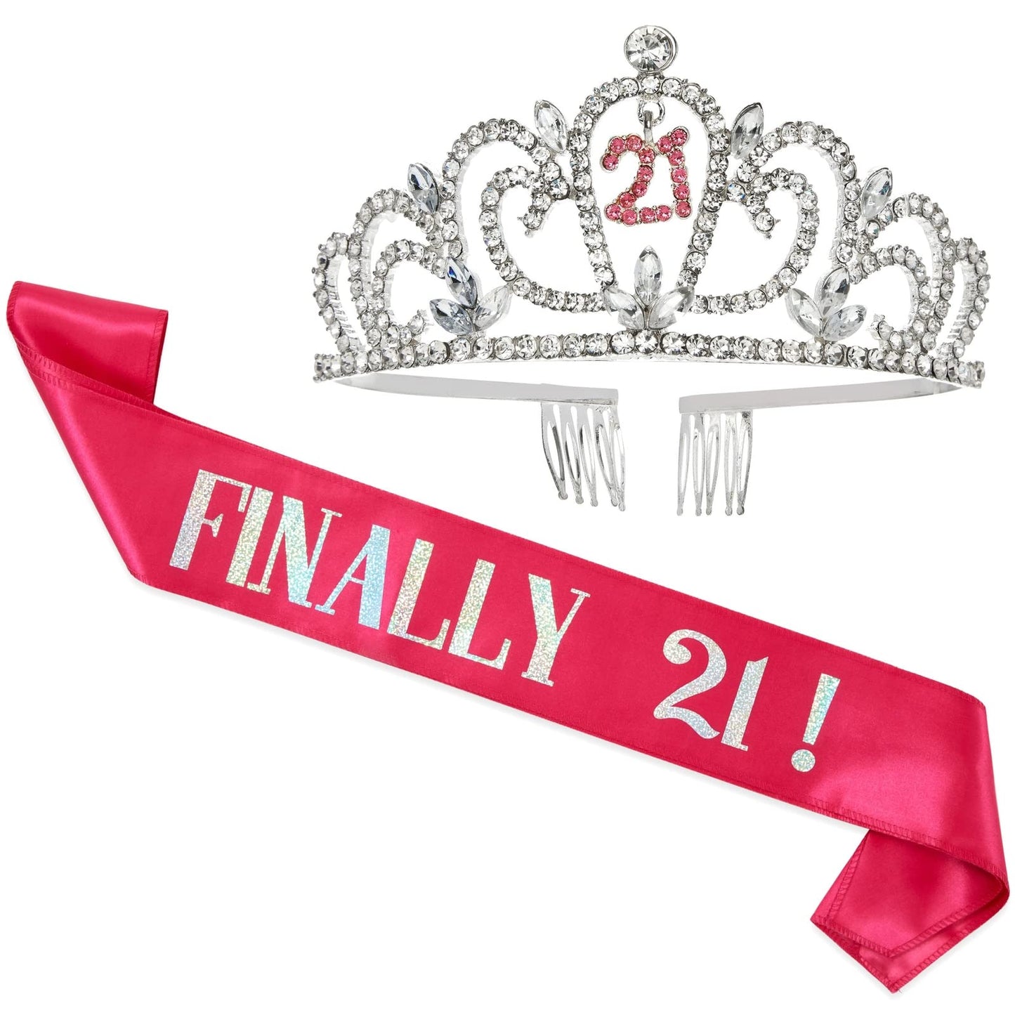 21st Birthday Sash and Crown Set for Her, Finally 21 Hot Pink Reflective Sash, Rhinestone Tiara, and 21st Birthday Decorations