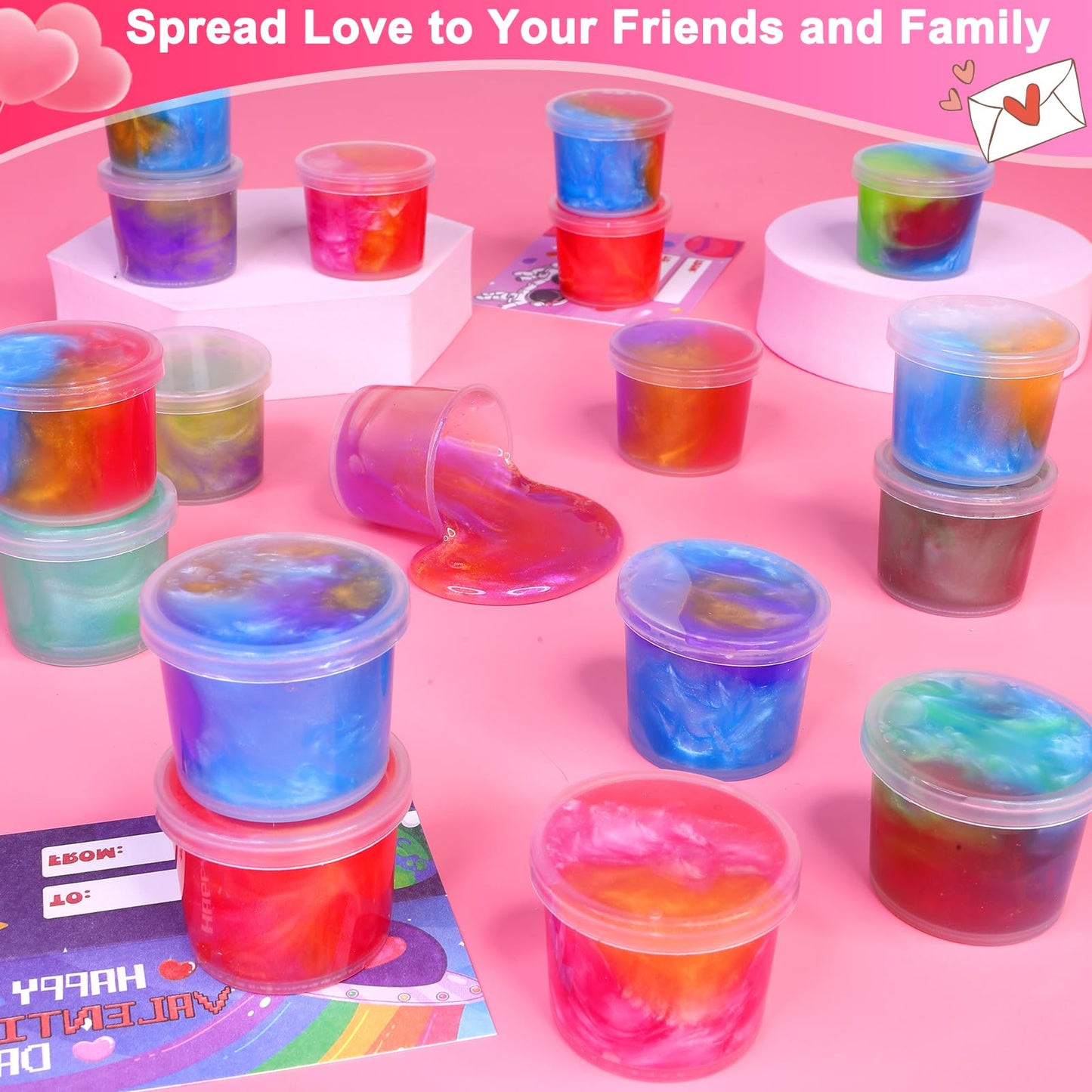 28 Pcs Valentines Day Gifts For Kids Classroom - Galaxy Slime With Valentines Day Cards For Kids School, Slime Stress Relief Fid