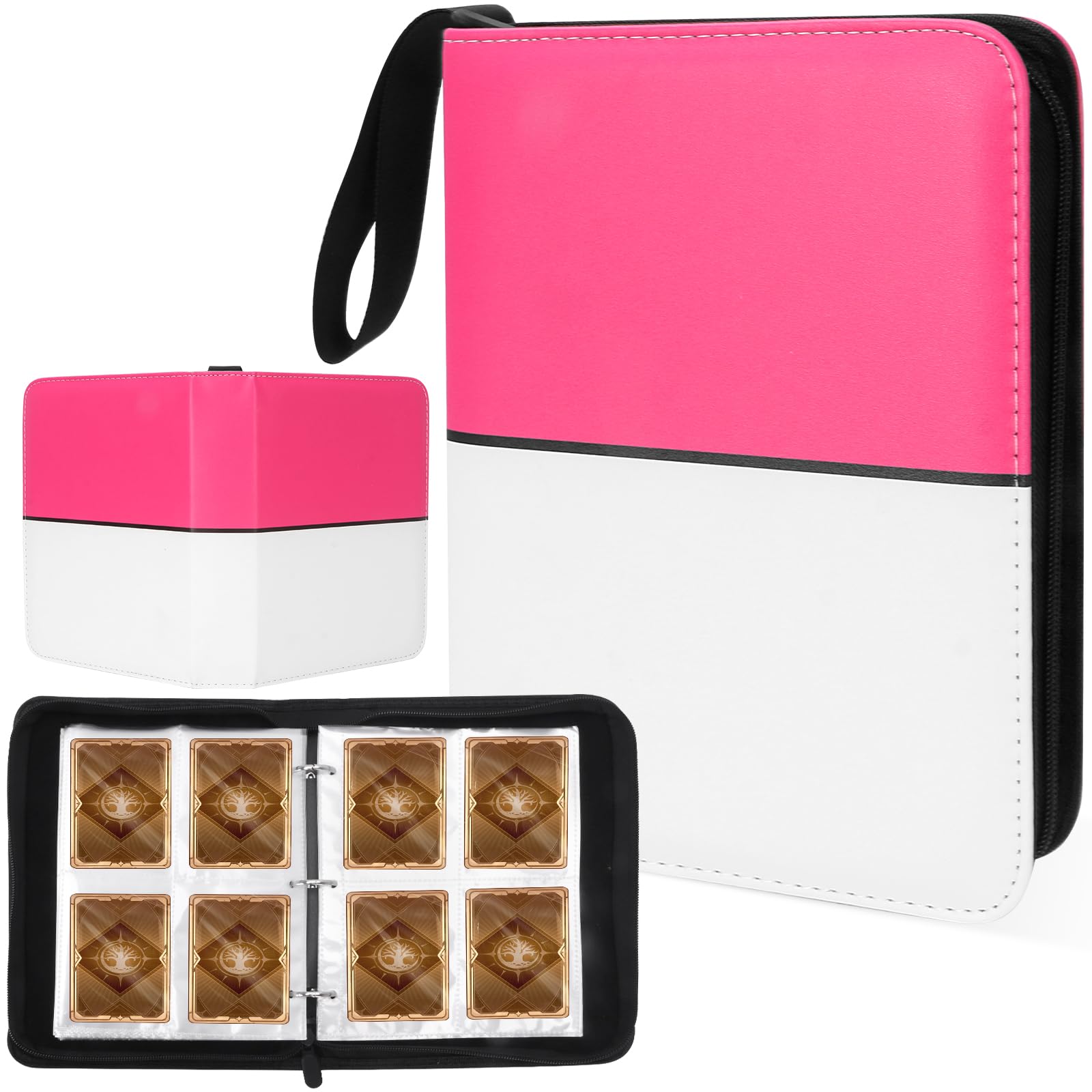 Collectible Trading Card Albums 4-Pocket Binder  400 Pockets Case Holder enhanced Zip PU Card Binder for TCG  Sports Cards (Pink & white)