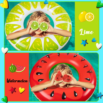 90Shine 2Pcs Fruit Pool Floats: Watermelon Lime Swimming Rings - Inflatable Tubes Floaties Toys For Kids Adults