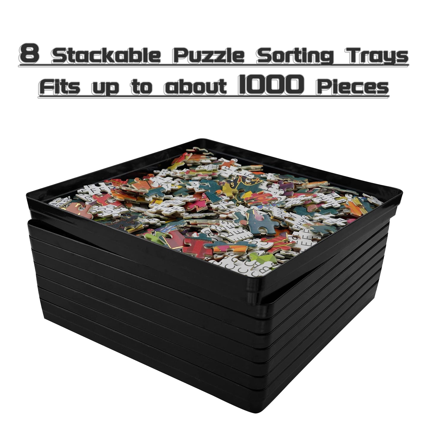 8 Puzzle Sorting Trays With Lid 8X8 Premiunm Puzzle Trays For Puzzle Lovers For Puzzles Up To 1000-1500 Pieces,Puzzle Tray, Convenient Tool For Puzzle Lovers (Black)