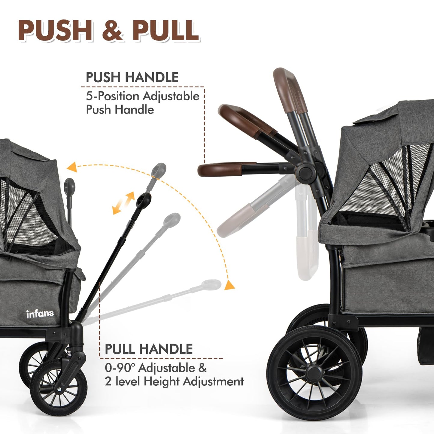 INFANS Wagon Stroller for 2 Kids, Collapsible Adjustable Push Pull Handle Bar, 2 Seater Stroller Wagon with Removable Canopy Sna