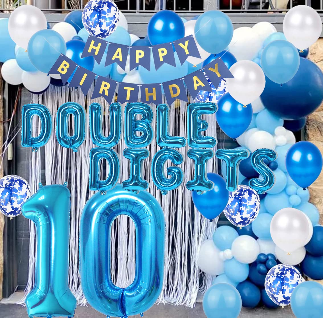 10Th Birthday Decorations Blue For Boys, Double Digits 10Th Birthday Decoration, Blue 10Th Birthday Banner Number 10 Foil Balloo