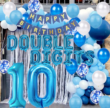 10Th Birthday Decorations Blue For Boys, Double Digits 10Th Birthday Decoration, Blue 10Th Birthday Banner Number 10 Foil Balloo