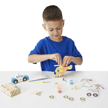 Melissa & Doug Created By Me! Rescue Vehicles Wooden Craft Kit - Decorate-Your-Own Police Car, Fire Truck, Helicopter