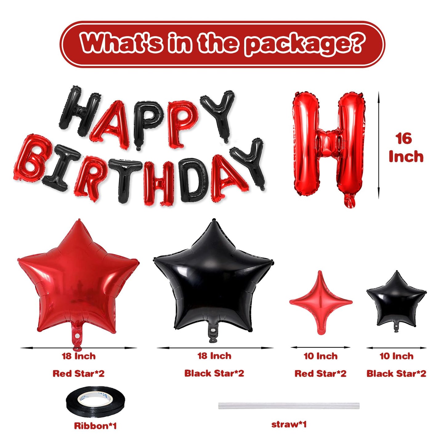 Happy Birthday Balloons Banner, Red Black Happy Birthday Foil Balloons 16 Inch Mylar Foil Letter Balloons With 8 Pcs Black Red S