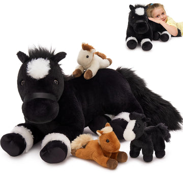 Maogolan 4 Pcs Horse Stuffed Animal Set, Large Stuffed Mommy Horse With Babies Pony Plush For Baby Shower, Pony Stuffed Animal B