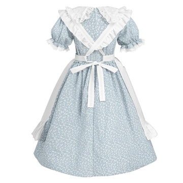 Ltakk Pioneer Dress Girls Colonial Costume Prairie Pilgrim Girl Dresses With Ruffled Pinafore, Stone Blue, Xl, Age Over 4 Years