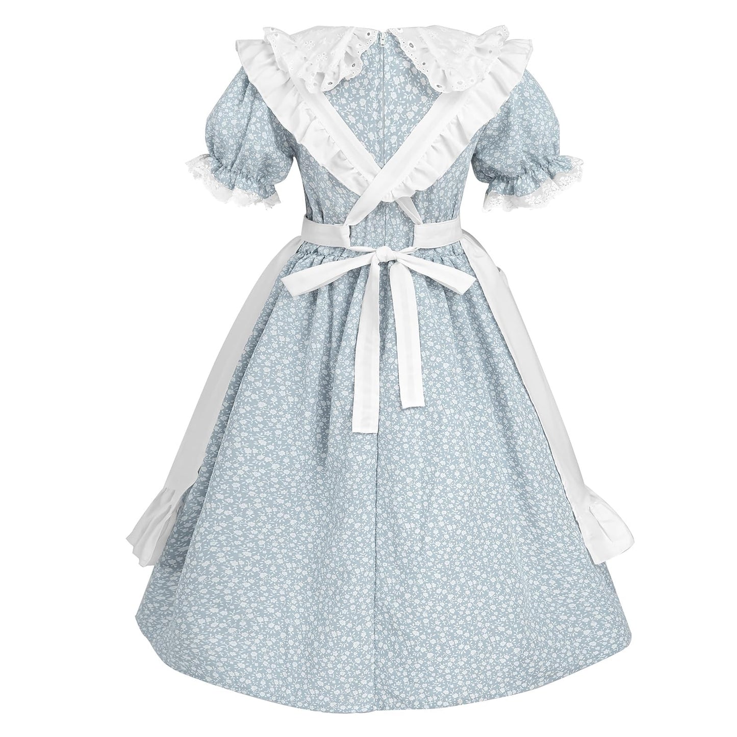 LTAKK Pioneer Dress Girls Colonial Costume Prairie Pilgrim Girl Dresses with Ruffled Pinafore, Stone Blue, Medium, age over 4 ye