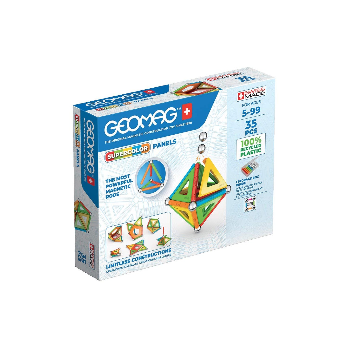 Geomag Magnetic Toys | Magnets For Kids | Stem-Endorsed Educational Building Set | 100% Recycled Plastic Supercolor Panels | Storage Box | 35-Pieces | Age 5+