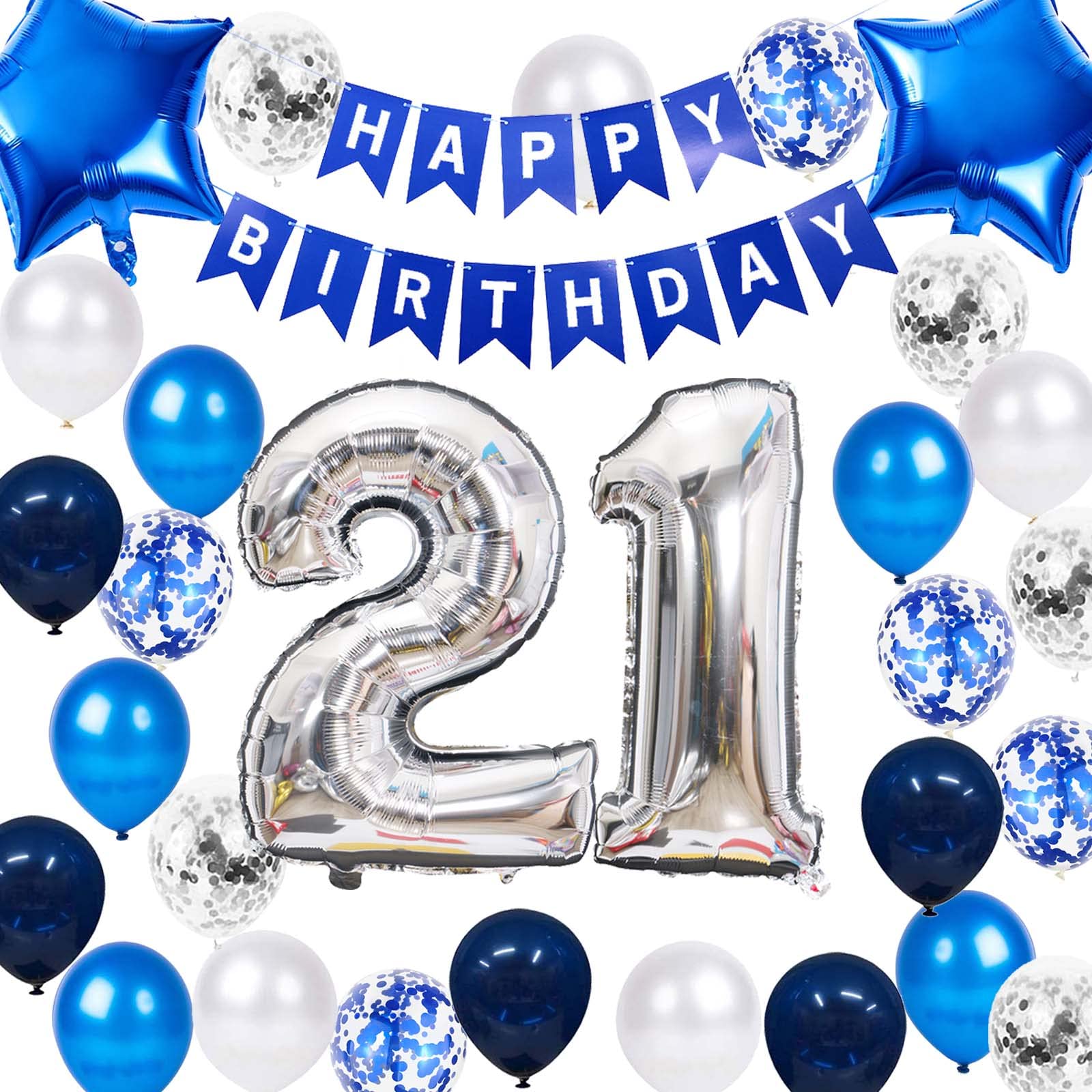 21St Birthday Party Decoration Blue For Him, Happy Birthday Banner Blue Number 21 Birthday Star Foil Balloons Latex Confetti Bal