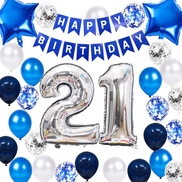 21St Birthday Party Decoration Blue For Him, Happy Birthday Banner Blue Number 21 Birthday Star Foil Balloons Latex Confetti Bal