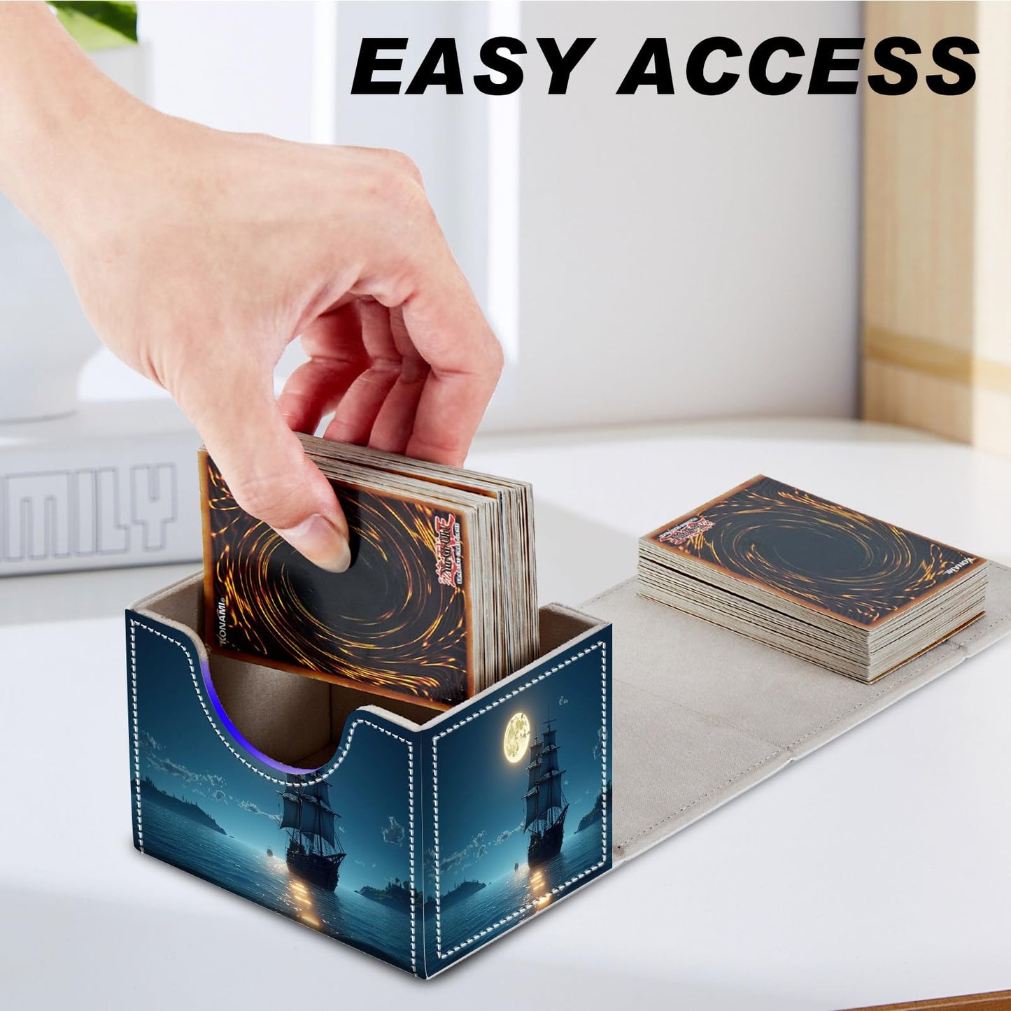 DEGDFSGR for TCG MTG Card Game Storage Box Organizer Trading Card Case Commander Deck Box Magnetic Closure Creative Pattern Up to 200 Cards  Moon Ship Blue Sea