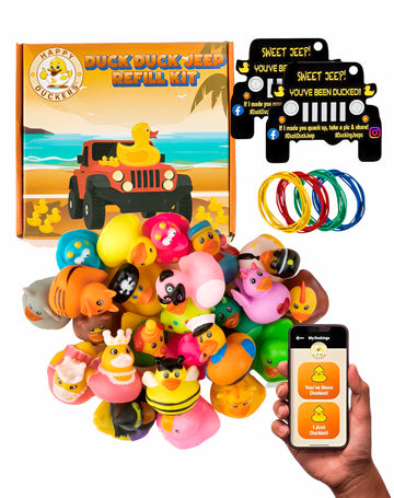 Jeep Ducks For Ducking Refill Kit- 75 Piece Kit Including 25 Rubber Ducks, 25 Jeep Ducking Cards & 25 Rubber Bands Plus Official Duck Duck Jeep Mobile App - Happy Duckers