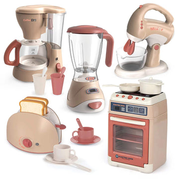 Yalujumb Play Kitchen Toys, Pretend Play Kitchen Appliances Toy Set With Coffee Maker, Mixer, Toaster With Realistic Lights& Sou