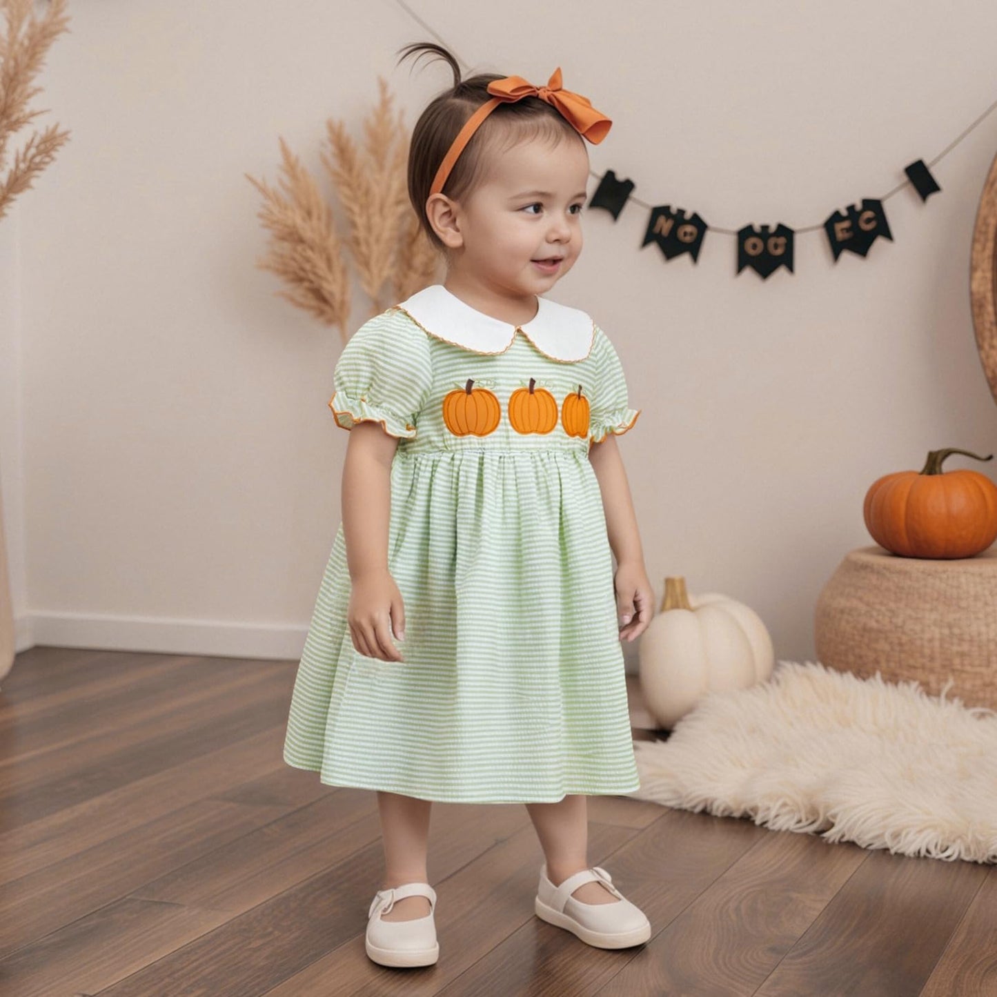 Toddler Girl Back To School Clothes Embroidery Smocked Dress Doll Collar Sundress First Day Of Pre Kindergarten Outfit (Pumpkin-
