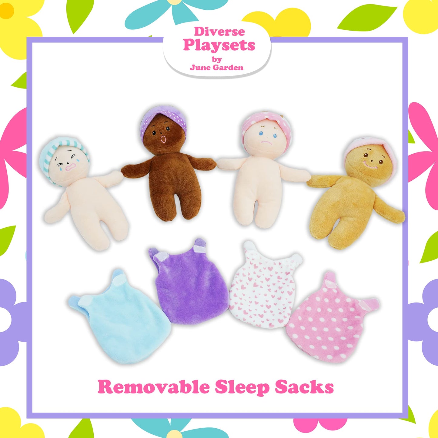 June Garden My First Basket Plush Baby Doll Set - 4 Multicultural Soft Dolls, Skin-Friendly Fabric, for Infants and Toddlers
