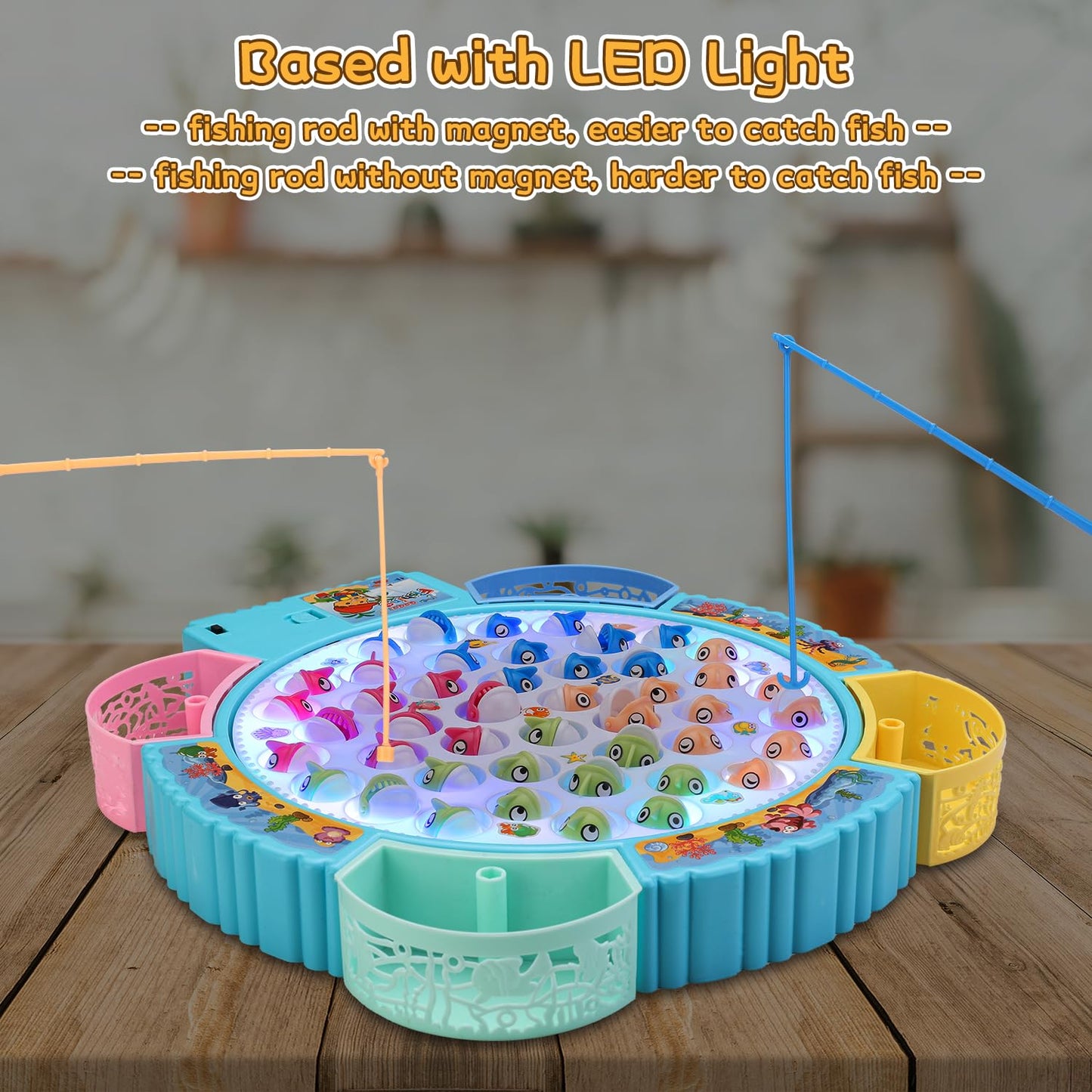 Pakoo Light Up Fishing Game Toys, Rotating Board Game With Music Including 45 Fishes And 8 Fishing Poles, Party Game Toys For Kids Age 4 5 6 7 8 And Up