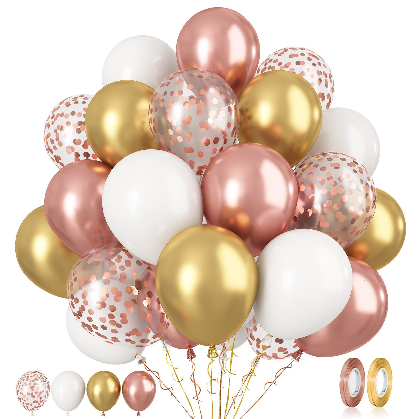 Paready Rose Gold And White Latex Balloons, 60 Pcs 12 Inch Metallic Gold Confetti Balloons With Ribbons For Birthday Party Baby