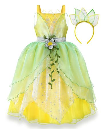Axaxa Princess Tiana Costume For Girls Tiana Dress Princess And The Frog Costume With Headband Birthday Halloween Fancy Party Dr