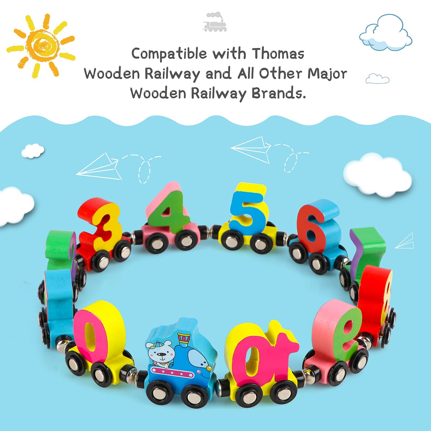 Wondertoys Wooden Magnetic Number Train Set - 12 Pcs With 1 Engine Car For Toddlers Boys And Girls - Compatible With Major Brand
