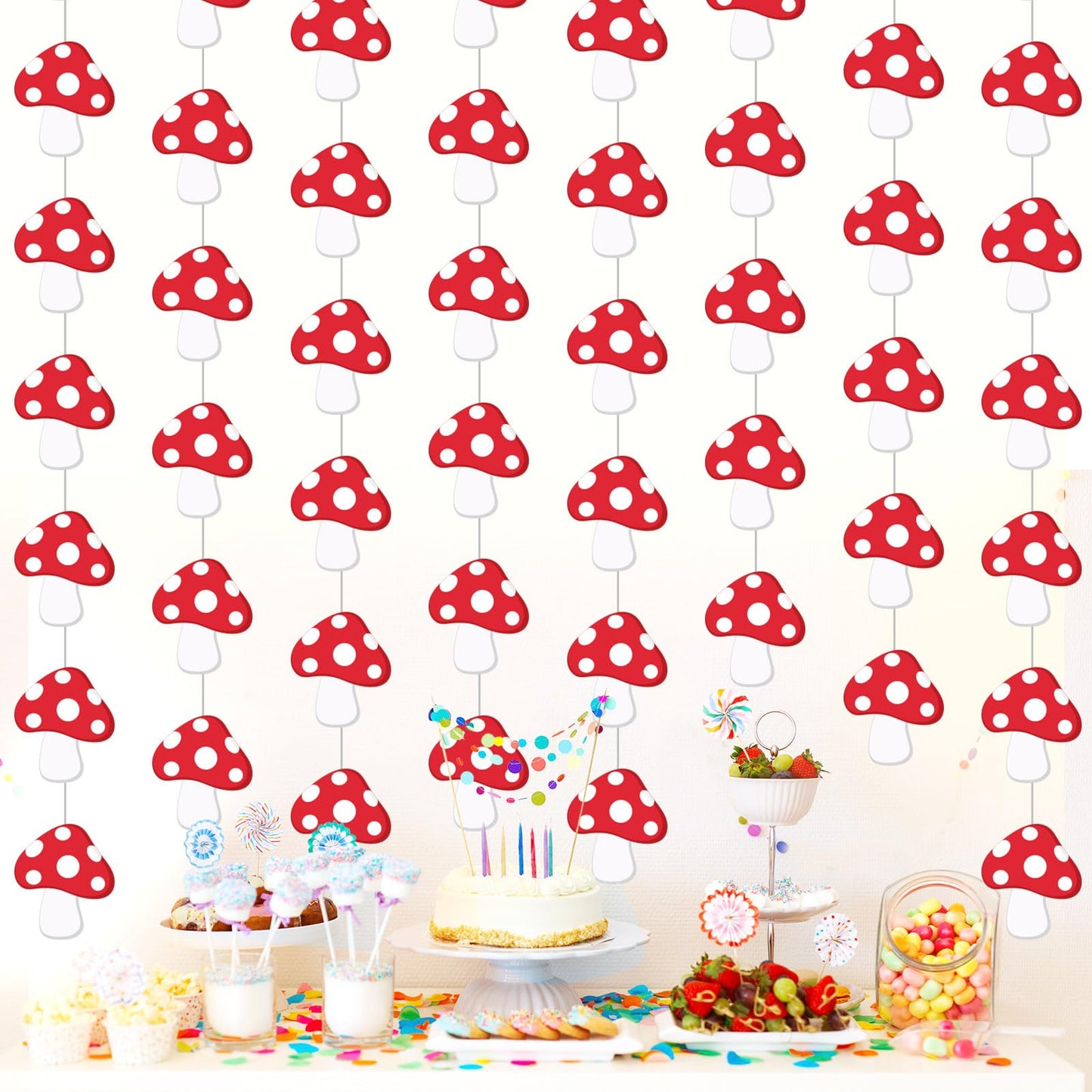 Sinload 8 Pieces Mushroom Party Decorations Red Mushroom Garlands Wild Mushroom Paper Cutouts Forest Plant Hanging Banner Decor 