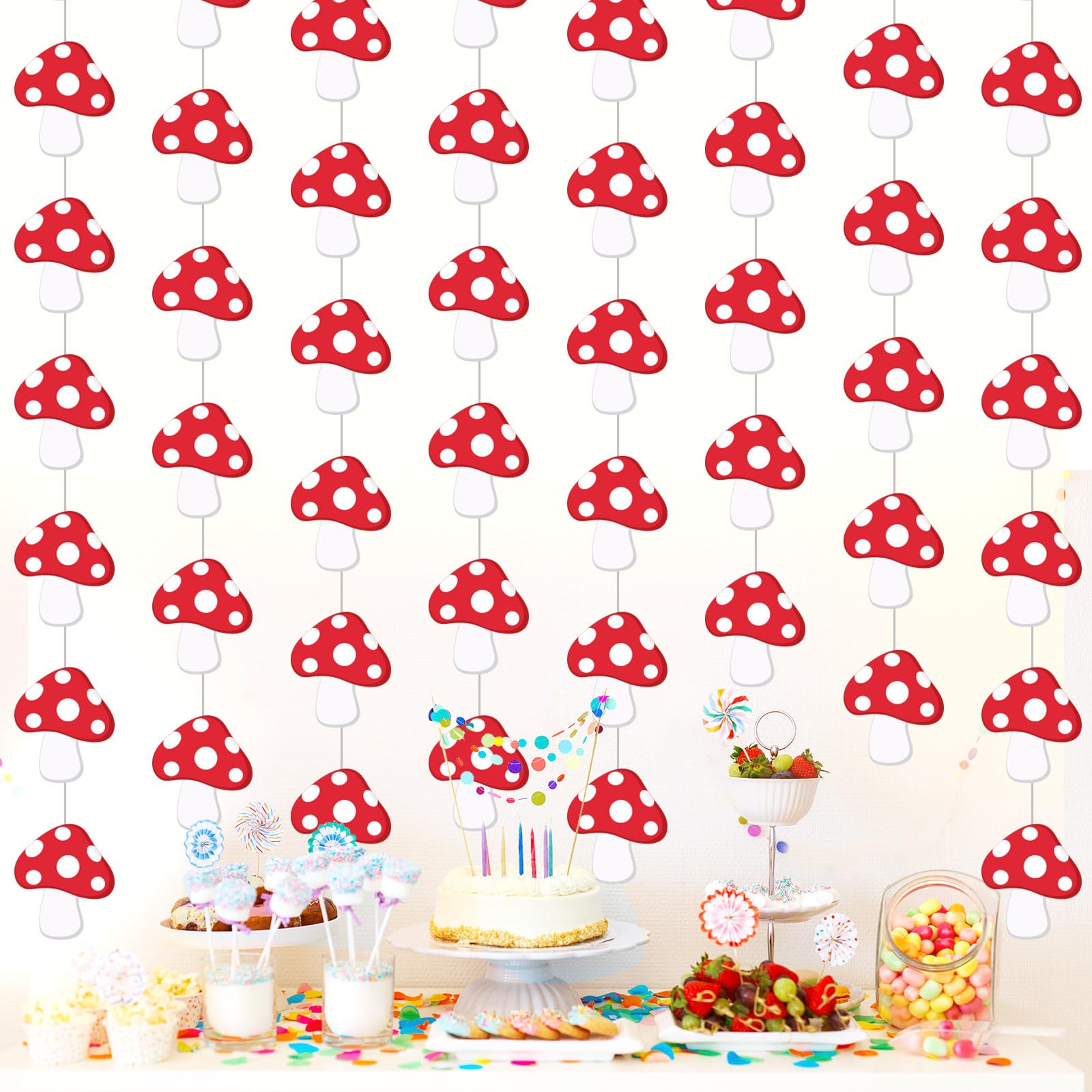 Sinload 8 Pieces Mushroom Party Decorations Red Mushroom Garlands Wild Mushroom Paper Cutouts Forest Plant Hanging Banner Decor 