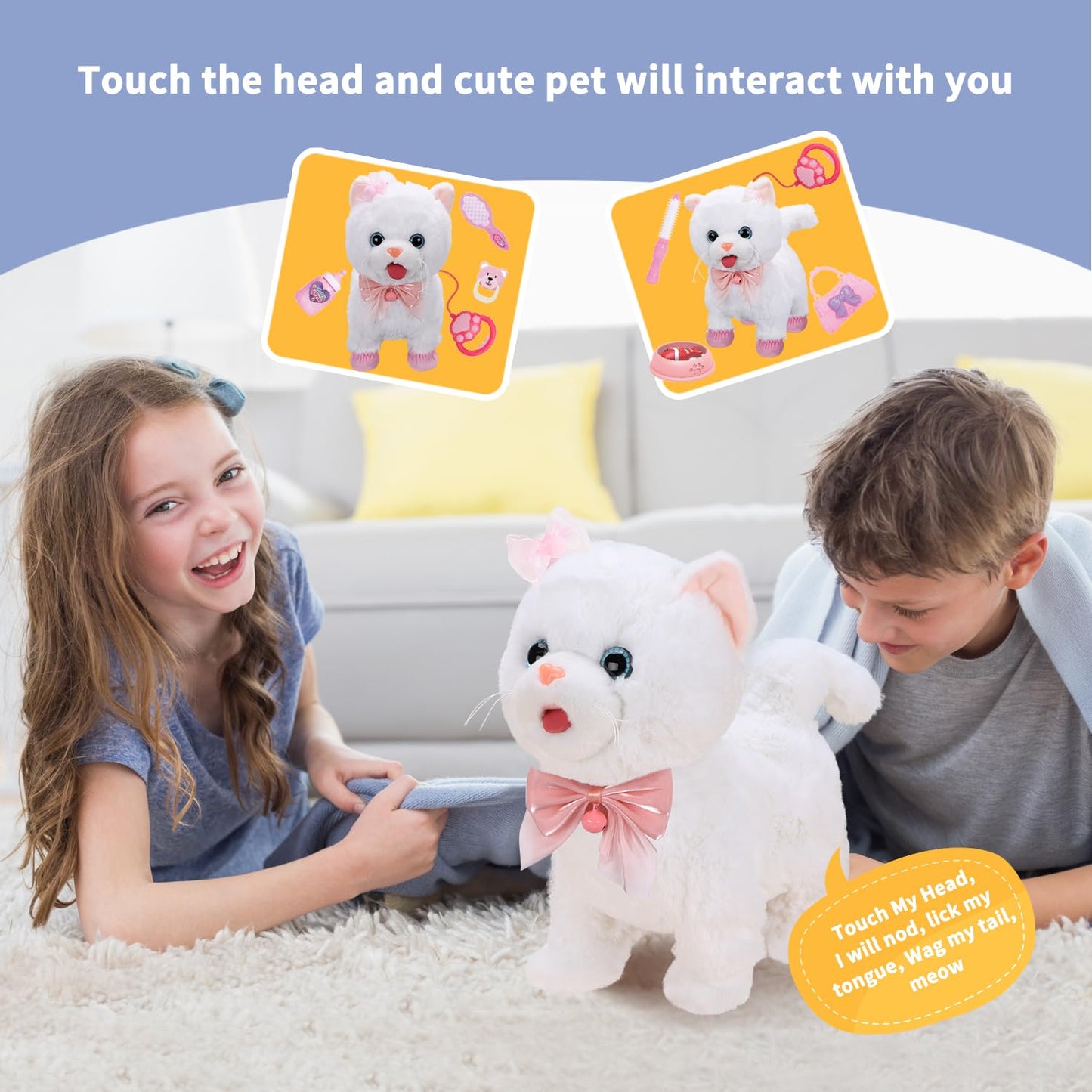 ZGZBLOCK Plush Toy Cat for Kids with Remote Control Leash Interactive Electronic Pets Toys Cat Walking Tongue Out Catcall & Wagging Tail Includes Toys Cat Accessories (White Cat)