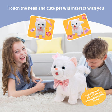 ZGZBLOCK Plush Toy Cat for Kids with Remote Control Leash Interactive Electronic Pets Toys Cat Walking Tongue Out Catcall & Wagging Tail Includes Toys Cat Accessories (White Cat)