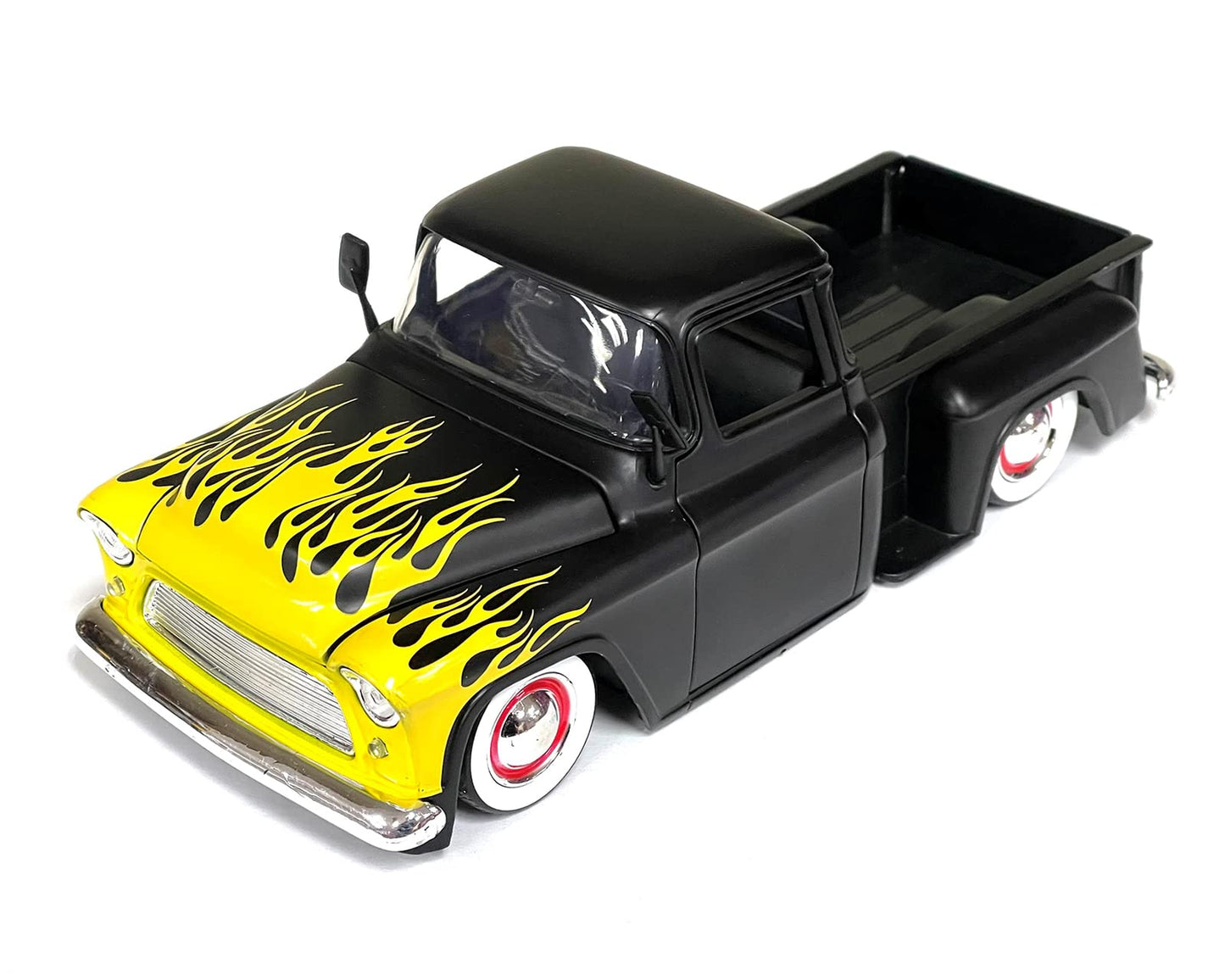 MiJo Exclusives Jada Toys 1:24 1955 Chevrolet Stepside Truck - Matte Black with Yellow Flames - Just Trucks - 34294