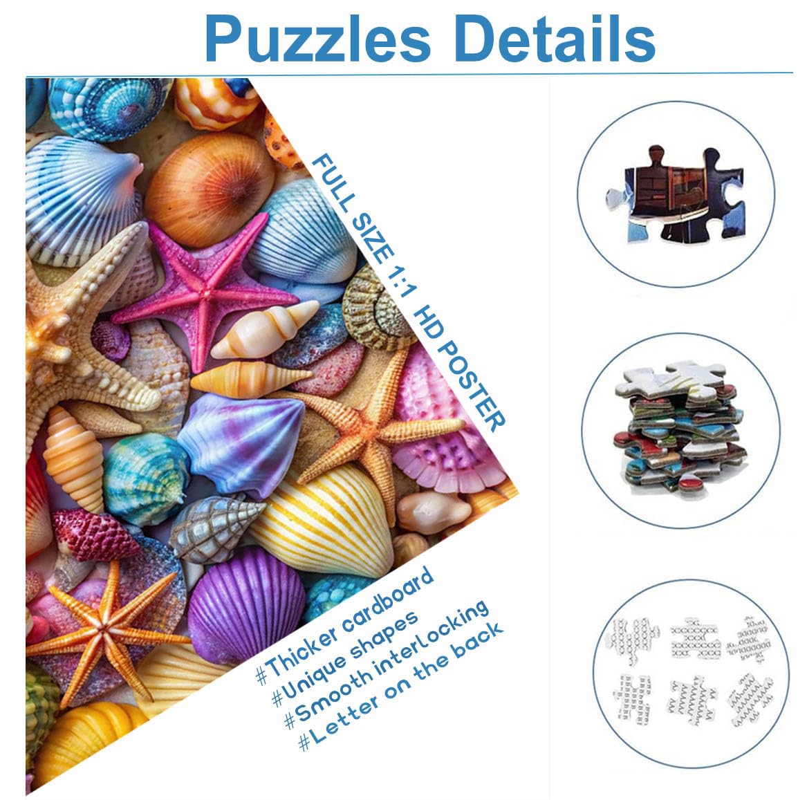 Jigsaw Puzzles for mature-themeds 1000 Pieces-Colorful Seashell and Starfish  1000 Piece Puzzle for mature-themeds with Letter on Back No Dust  with 1:1 Poster(27.6x19.7)