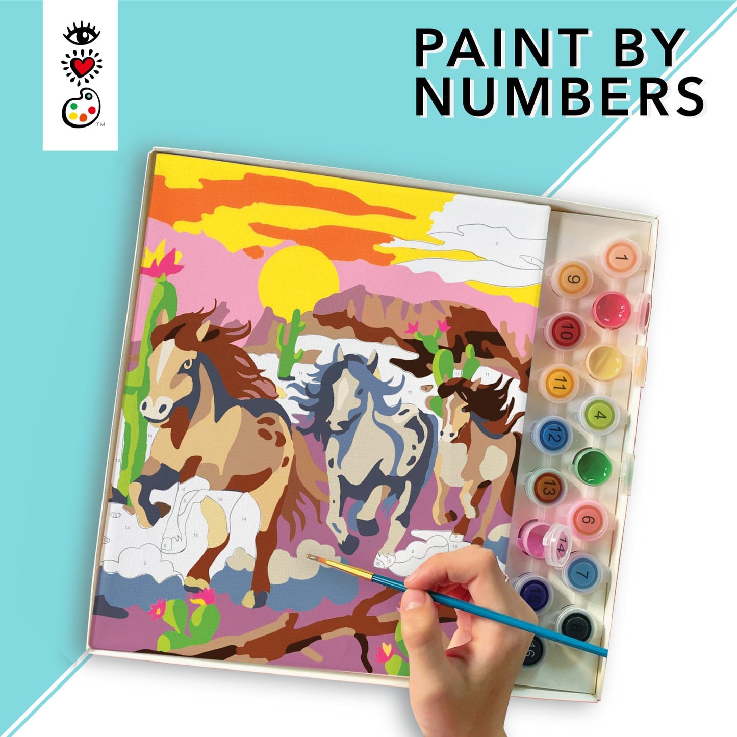 Bright Stripes Paint By Numbers Kit for Kids - Wild Horses Theme, Multicolor Canvas, Includes 16 Paints & 2 Brushes, Ages 8+