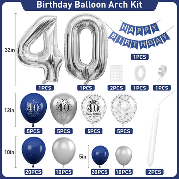 40Th Birthday Decorations Navy Blue Silver,40Th Birthday Balloon Garland Party Decorations With Number 40 Foil Balloons,Happy Bi