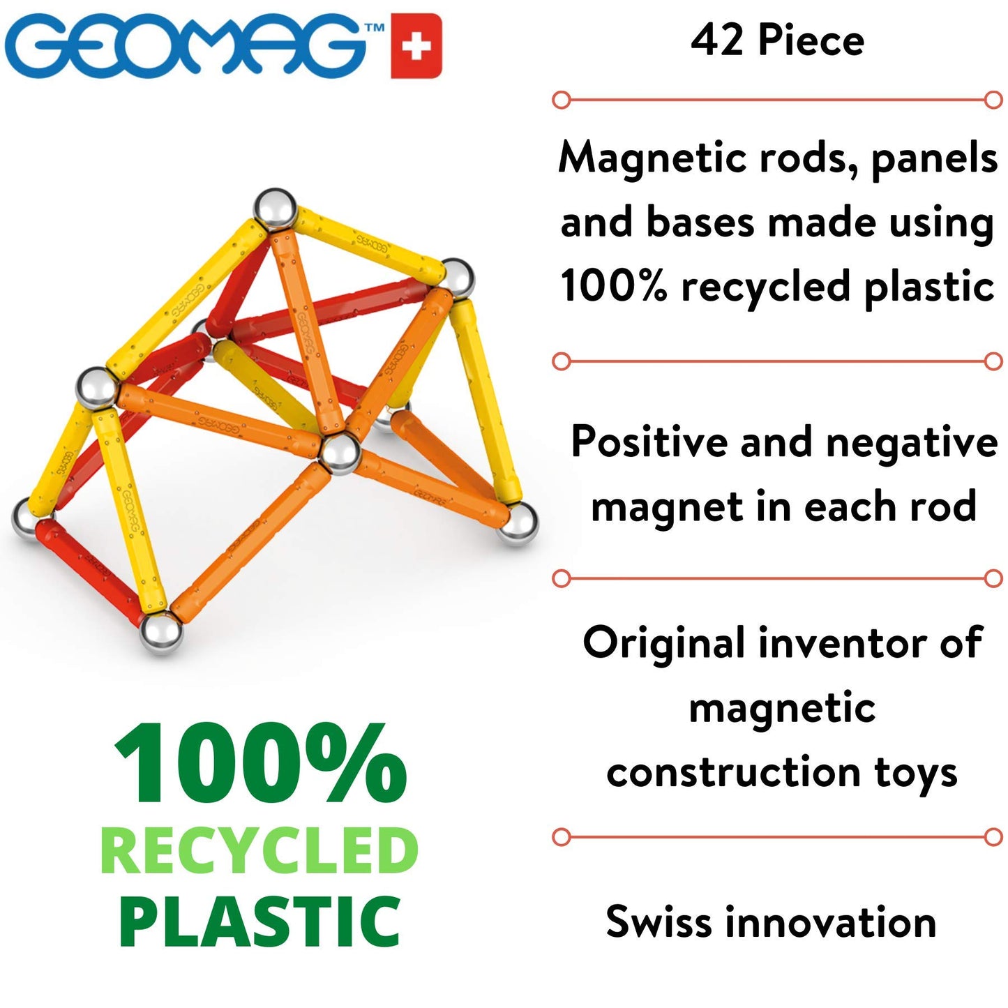 Geomag Magnetic Sticks And Balls Building Set | Stem & Educational Magnet Toys Made From 100% Recycled Plastic | Storage Box | C