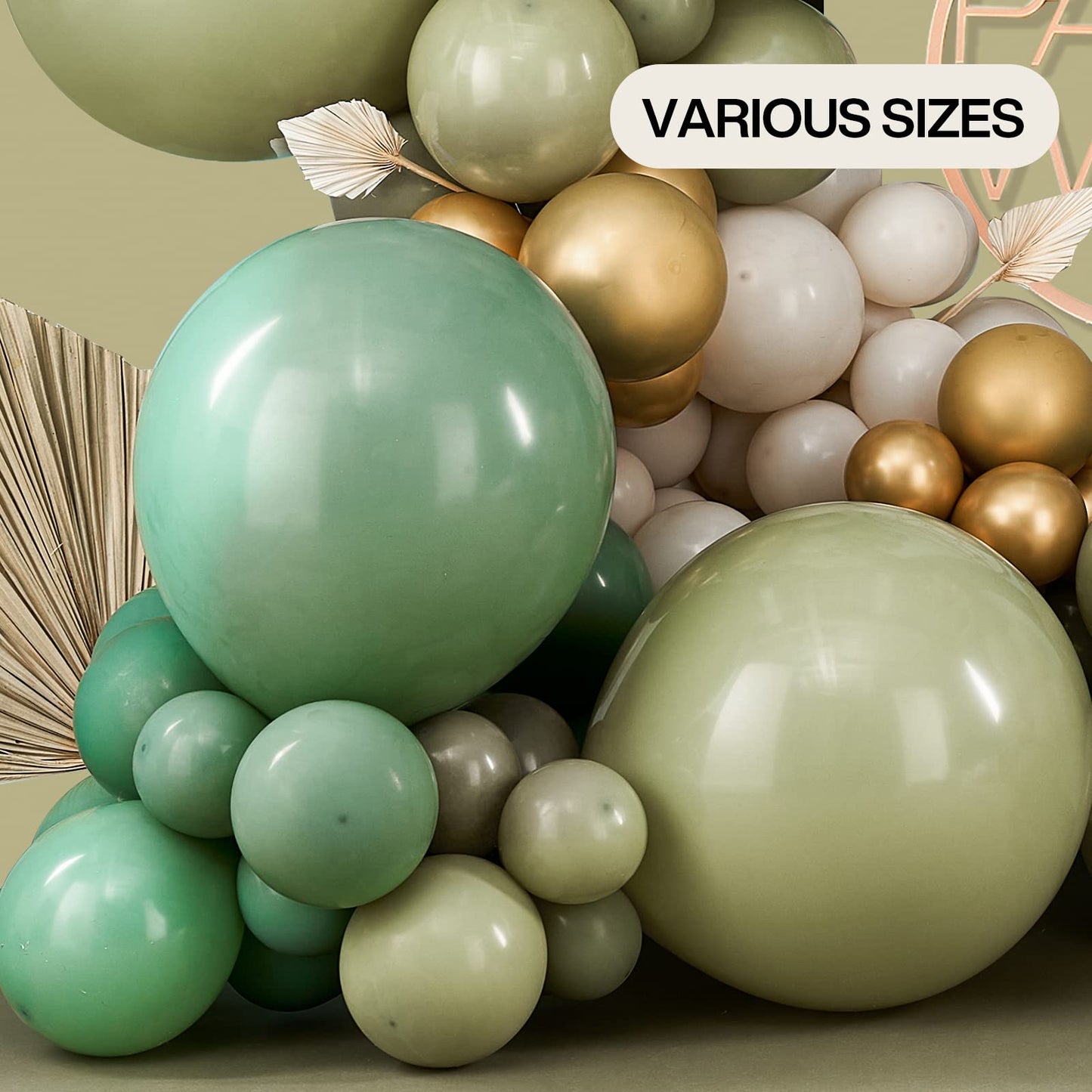 Partywoo 140 Pcs Olive Green Balloon Arch Kit, Sage Green Balloon Garland Kit With Cream White Metallic Gold Retro Green Clear Balloons And Arch Kit For Birthday, Baby Shower, Wedding