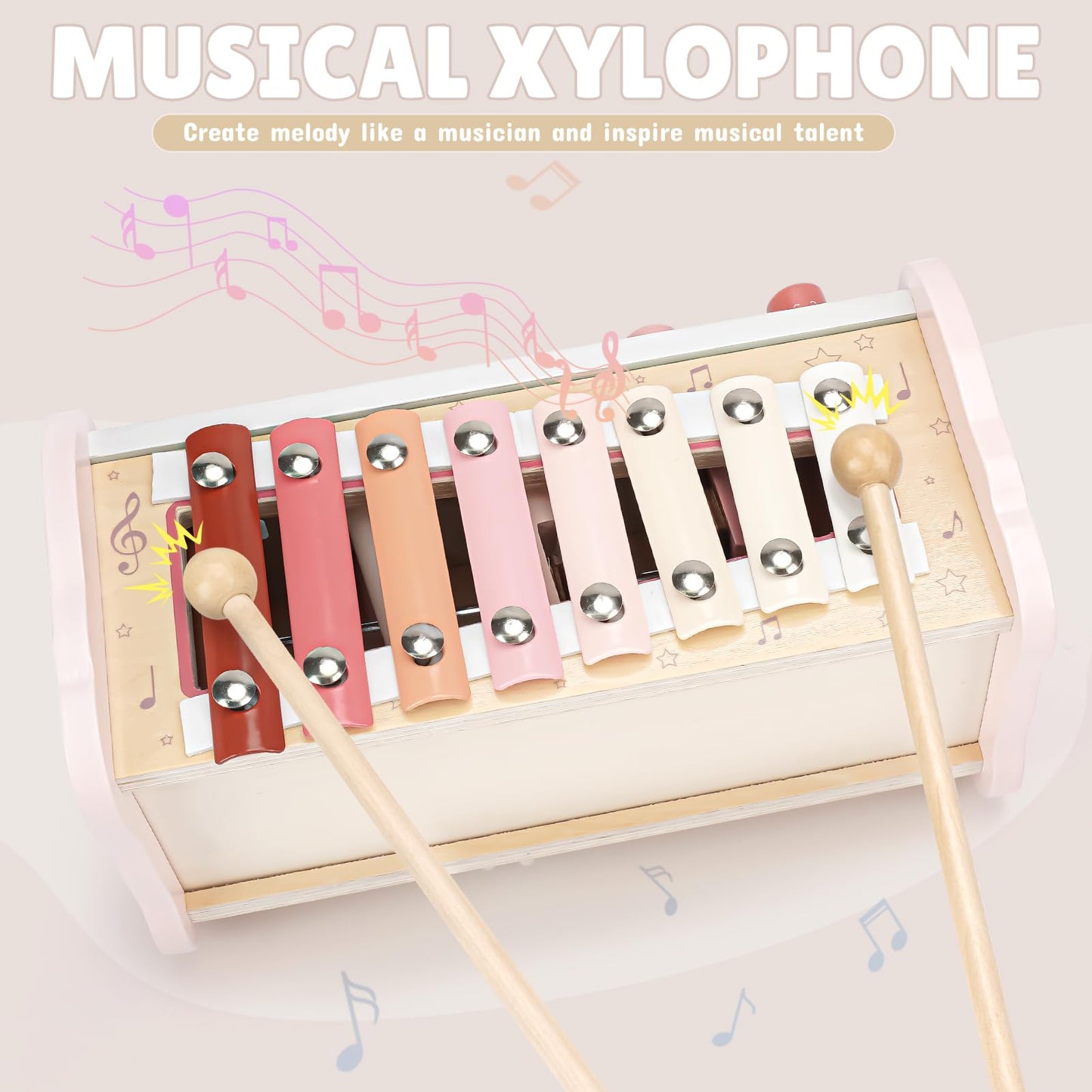Joyreal Pink Wooden Hammering Toy with Xylophone & Fishing Game - Small Montessori Learning Activity for Kids 1+ Years Old
