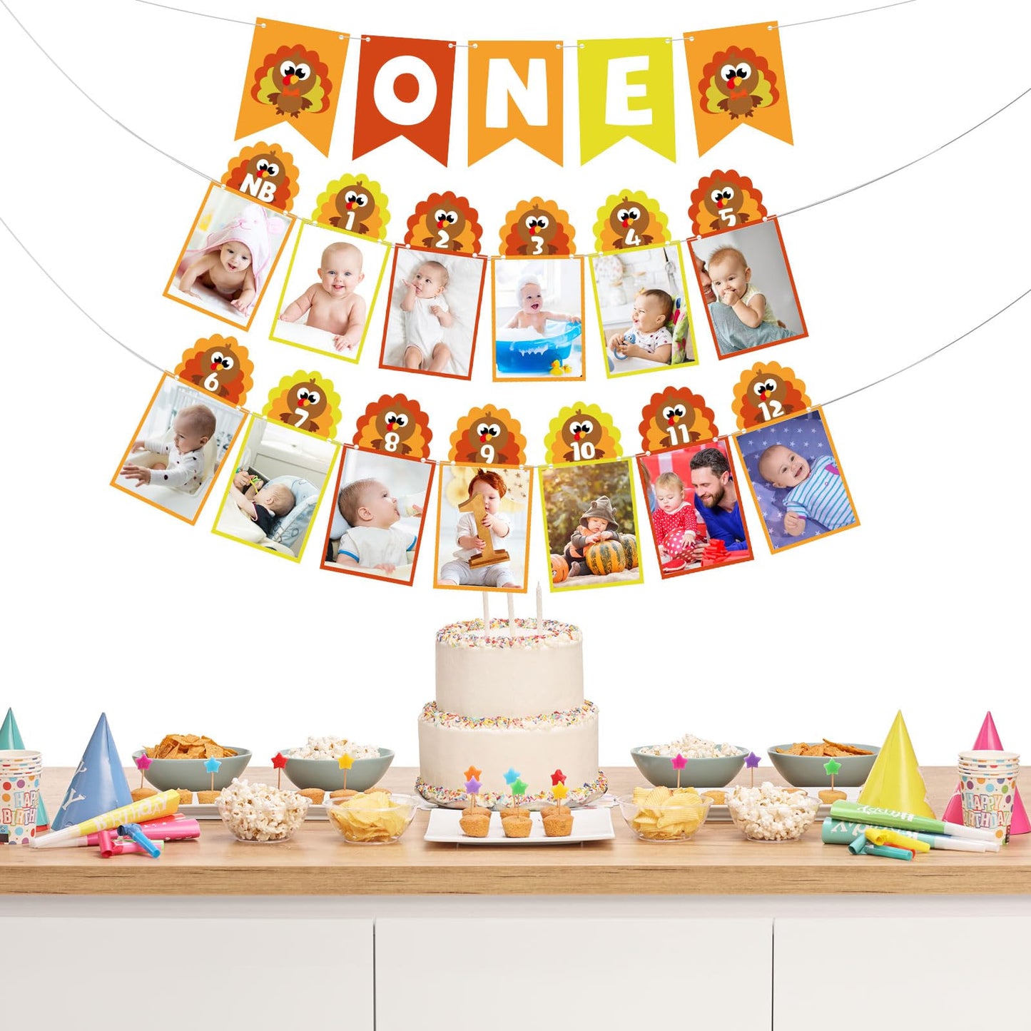 TaoBary Thanksgiving Turkey One Banner Turkey Theme Photo Banner 1st Birthday Monthly Newborn to 12 Month Photo for Thanksgiving