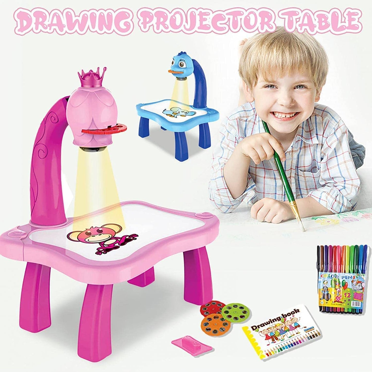 2Pcs/Set Drawing Projector For Kids With Flashlight Slide Projector, Projector Drawing Table For Kids Tracing With Light Music Sketcher Desk For Early Art Learning Games Gifts (Pink)