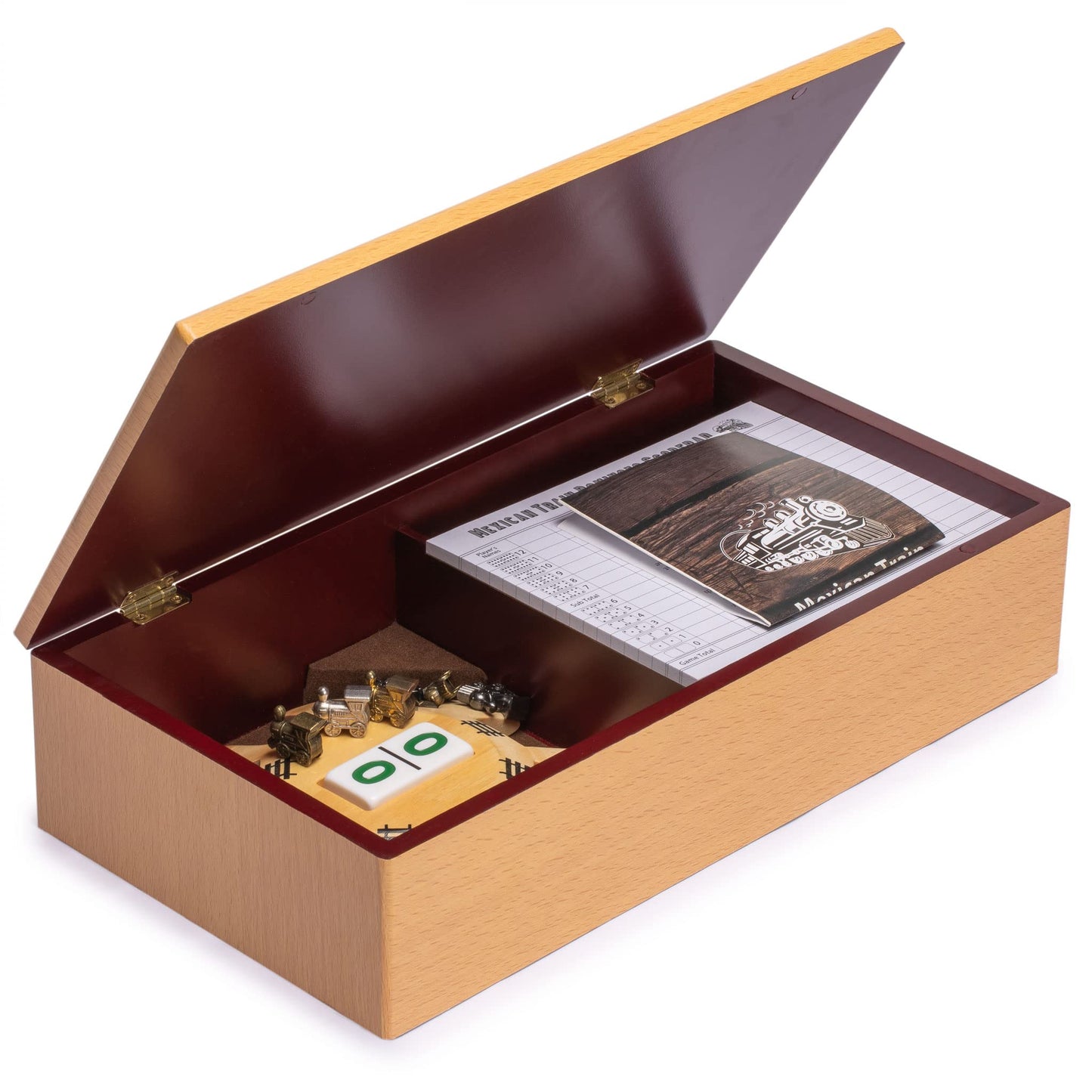 Yellow Mountain Imports Mexican Train Complete Set With Double 12 Number Dominoes, Wooden Hub, Die Cast Train Markers, And Scorepad
