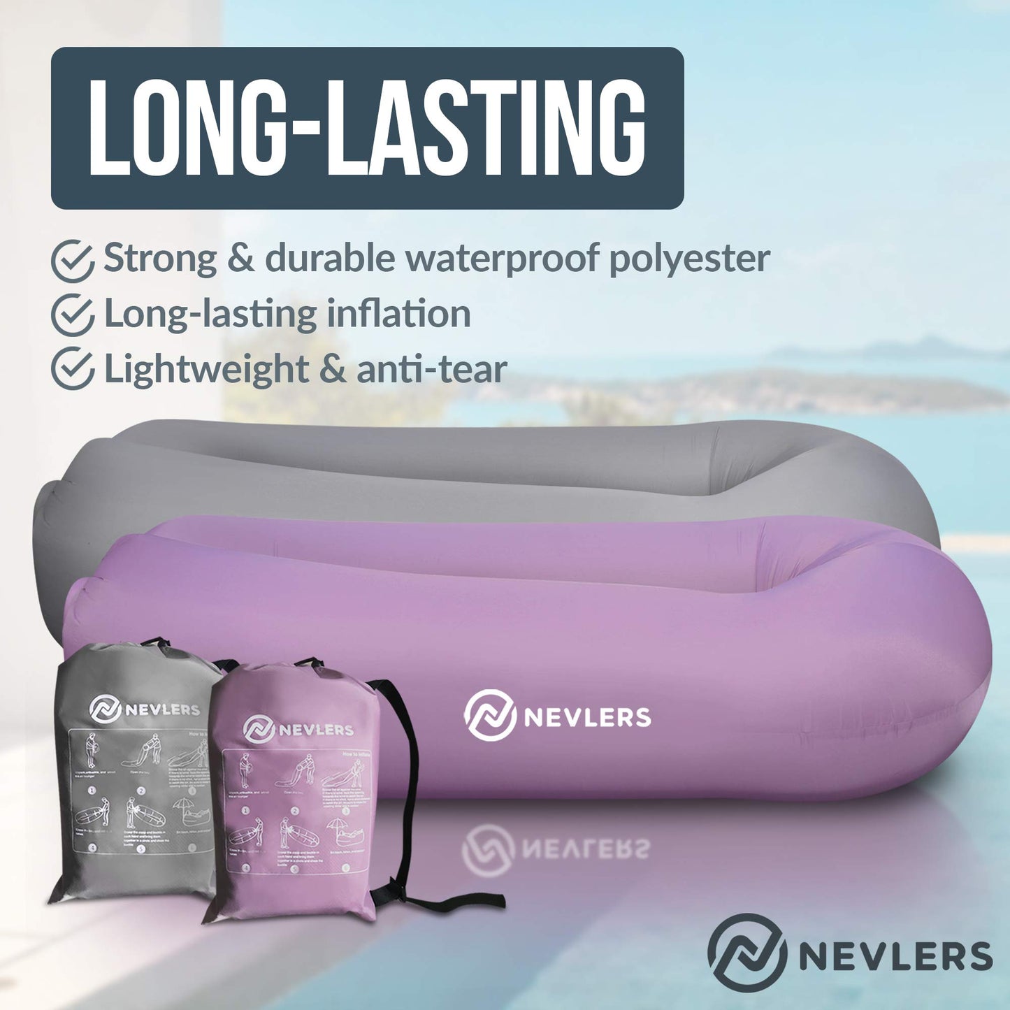 Nevlers Inflatable Lounger Air Sofa - Portable Gray & Lavender Couch for Camping, Outdoor Movie Seating, 73 x 16 x 31 inches