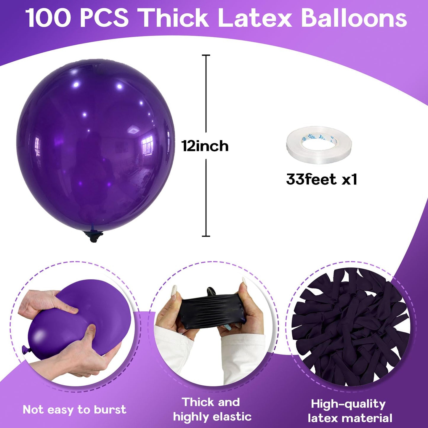 Jobkoo Purple Balloons 12 Inch, 100 Pack Dark Purple Balloon Matte Royal Purple Latex Balloons For Arch Deep Purple Party Helium