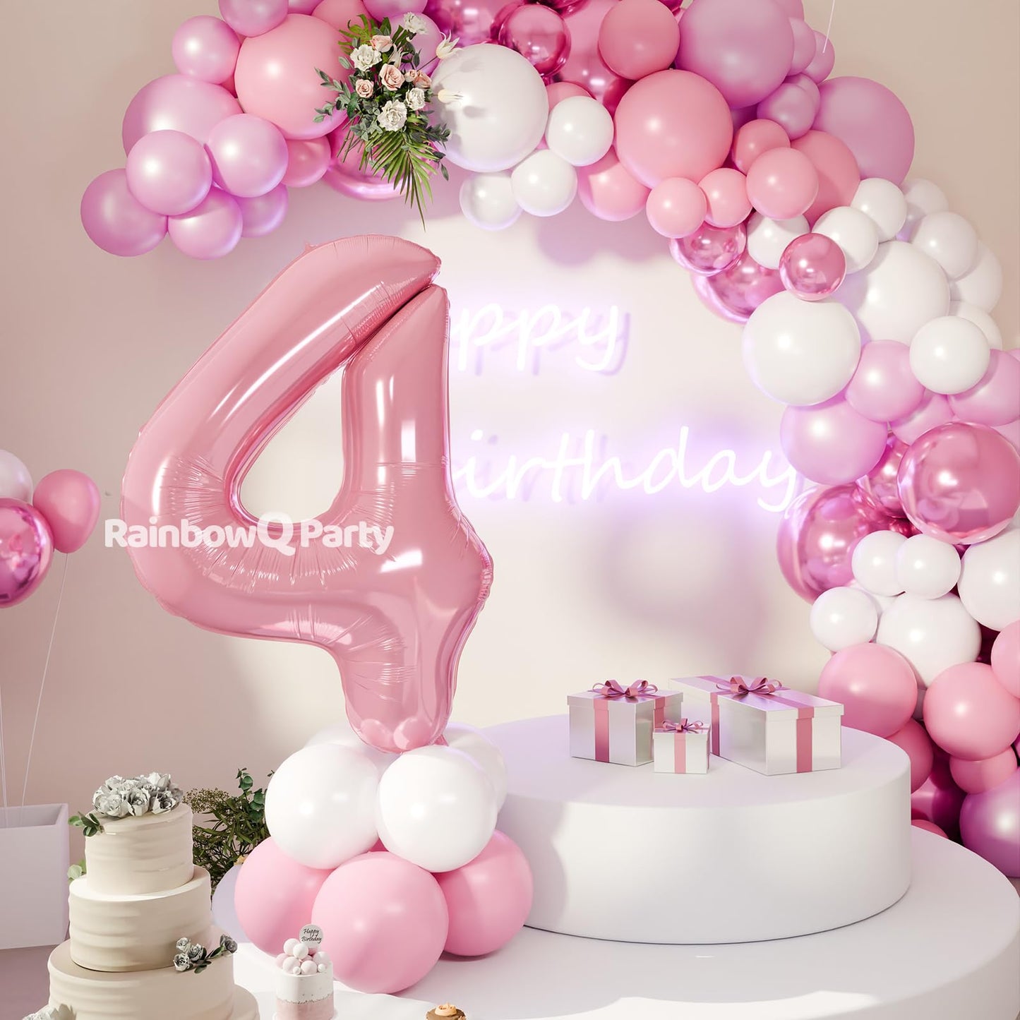Rainbowq Party 4 Balloon Number 40 Inch For Boy Or Girl Big Pink 0-9 Foil Mylar Large 4 Number Balloon Happy 4Th Birthday Party