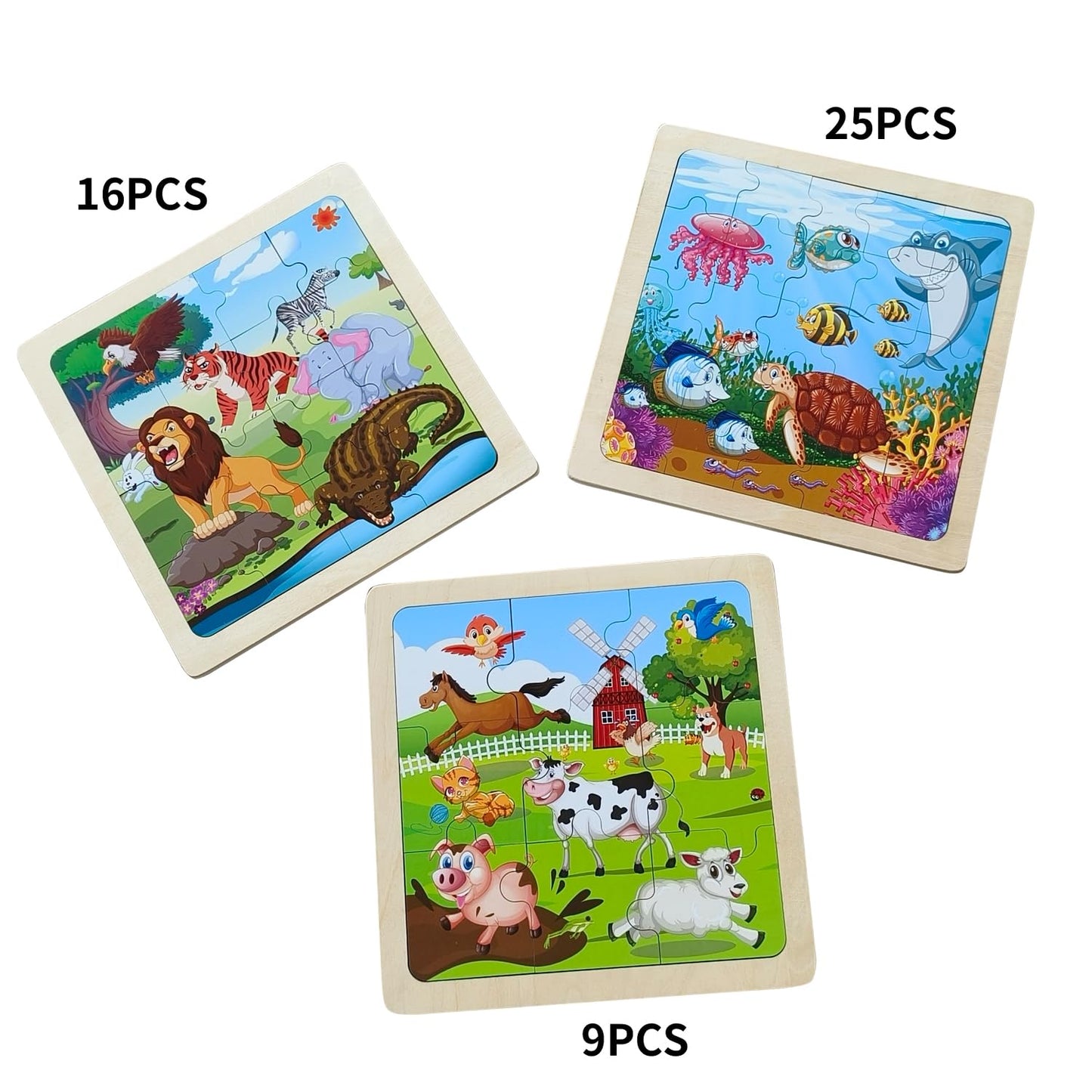 Wooden Jigsaw Puzzle Set Of 3 Pcs, Farm Jungle And Sea Animals Level Up Puzzles Difficulty From 9 Pcs To 16 Pcs 25 Pcs Education