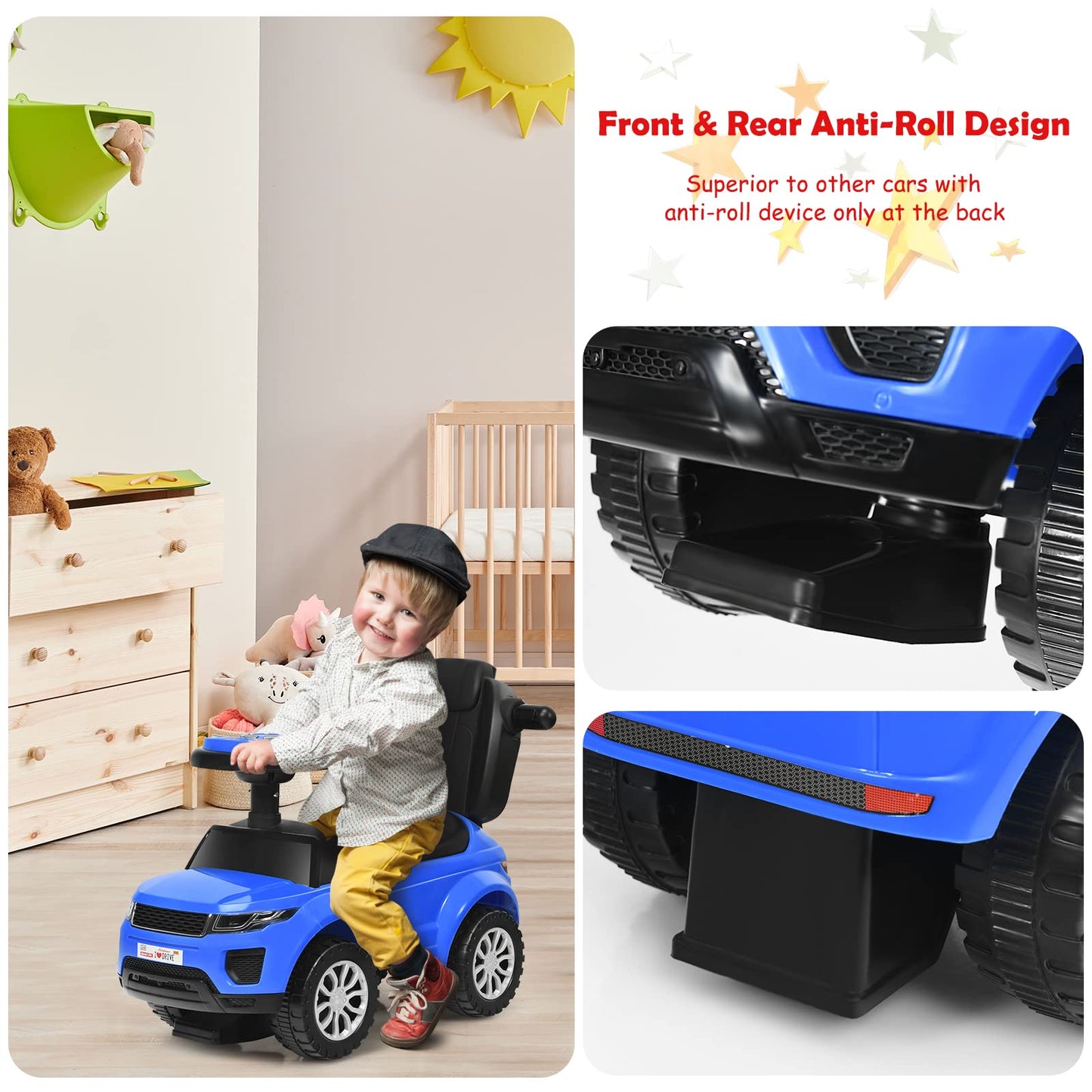 Honey Joy Ride On Push Car, Foot To Floor Ride On Sliding Car Push Handle & Detachable Guardrail, Sound & Lights, Under Seat Storage, Push Cars For Toddlers 1-3, Gift For Kids Boys Girls(Blue)
