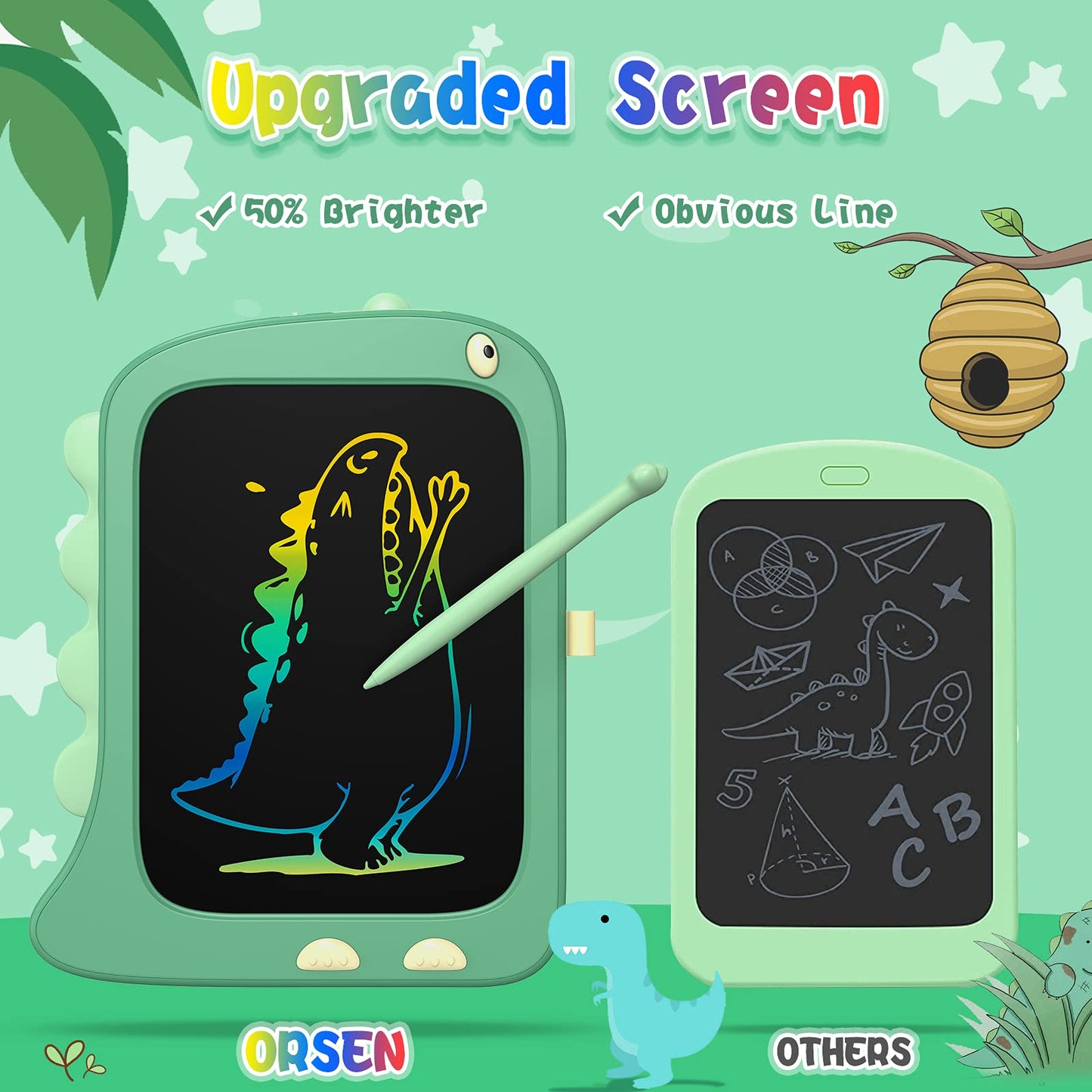 ORSEN LCD Doodle Board Tablet - 8.5 Inch Green Dinosaur Drawing Pad for Kids 2-6 Years - Fun Gifts for Christmas and Birthdays